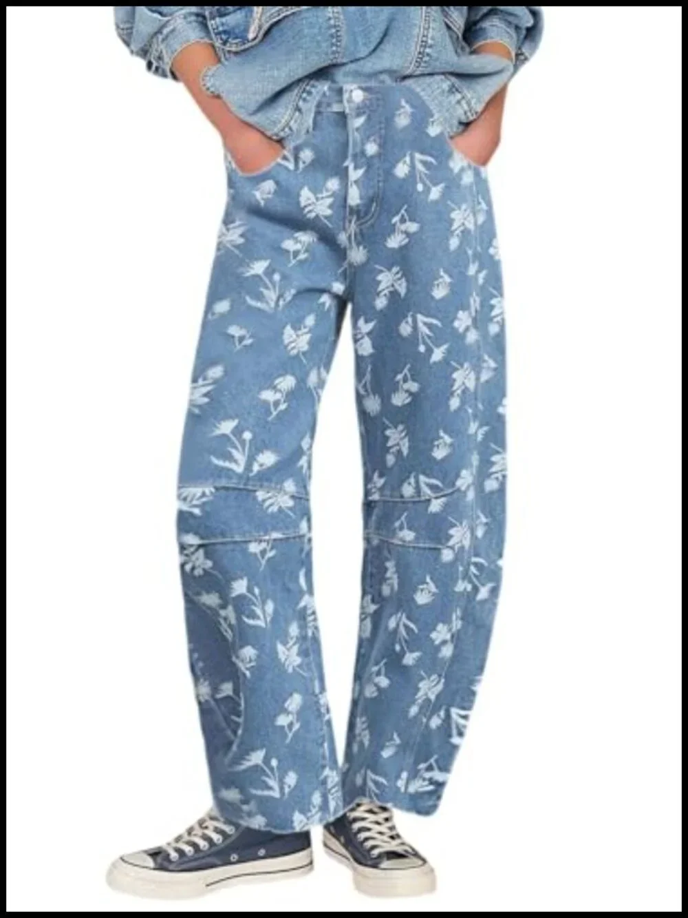 Women Baggy Floral Barrel Jeans Y2k Boyfriend Mid Rise Wide Leg Denim Pants